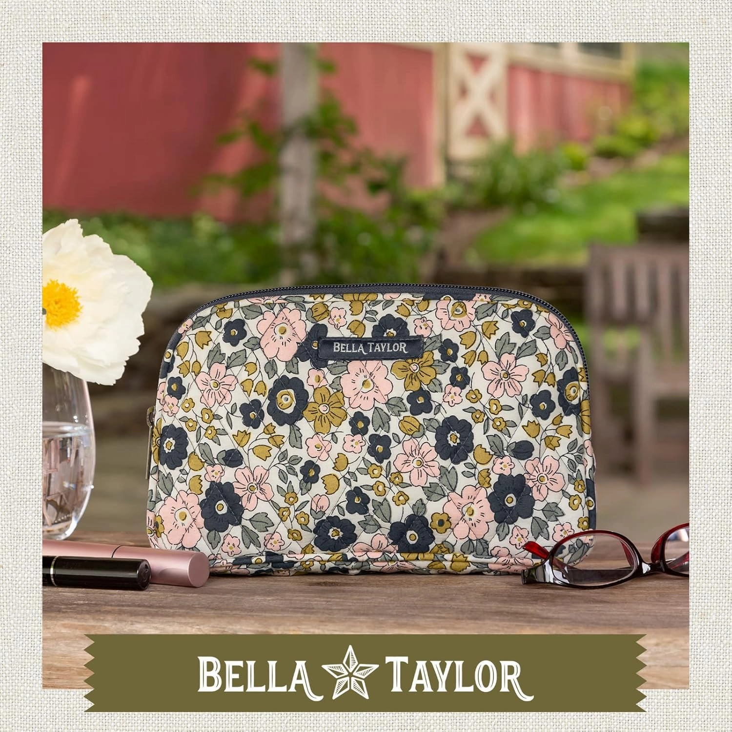 Bella Taylor Large Quilted Cotton Makeup Pouch for Women, Travel Cosmetic Bag, Quilted Cotton Delicate Floral Charcoal