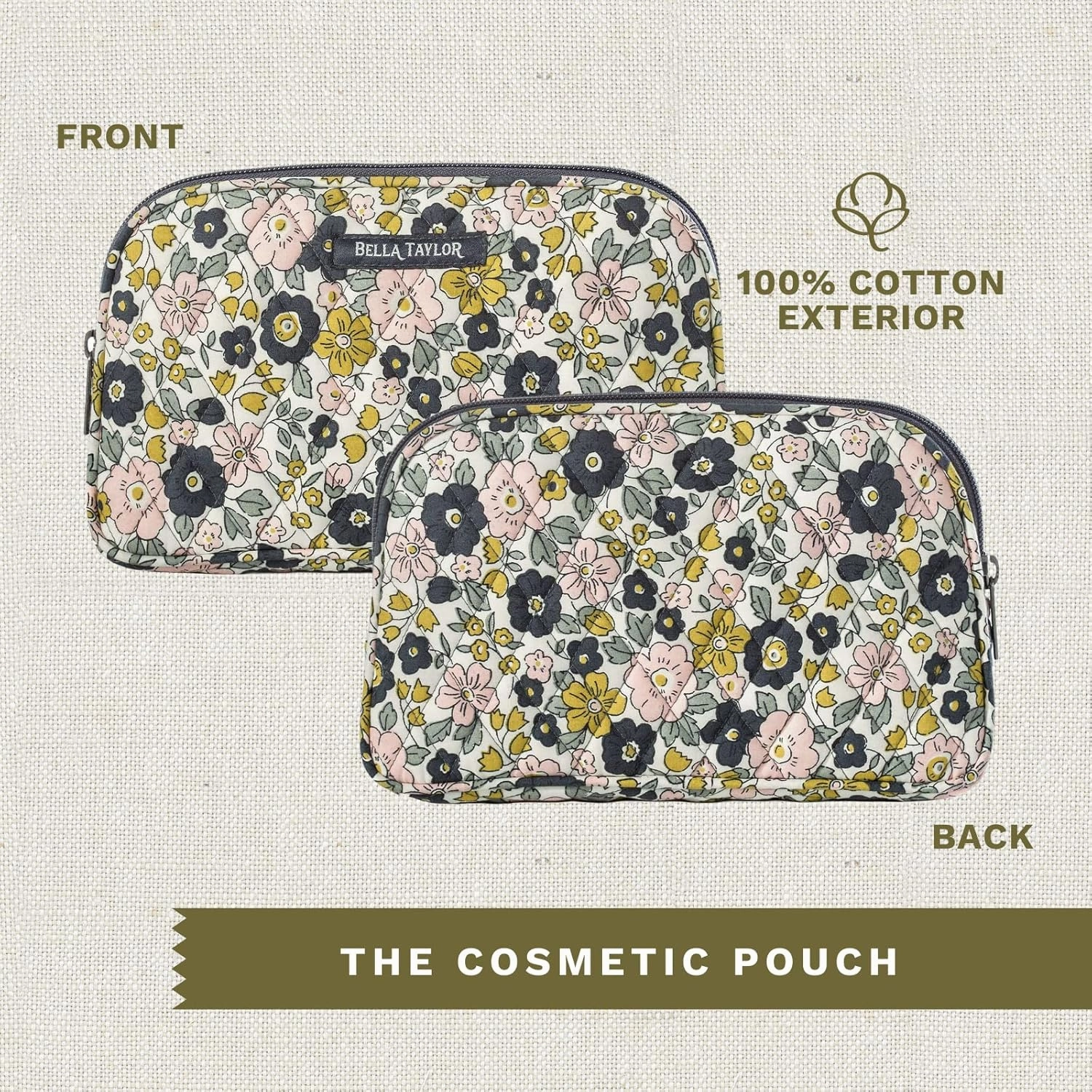Bella Taylor Large Quilted Cotton Makeup Pouch for Women, Travel Cosmetic Bag, Quilted Cotton Delicate Floral Charcoal
