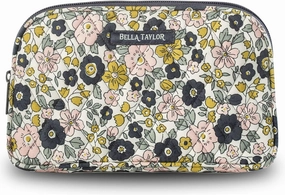 Bella Taylor Large Quilted Cotton Makeup Pouch for Women, Travel Cosmetic Bag, Quilted Cotton Delicate Floral Charcoal