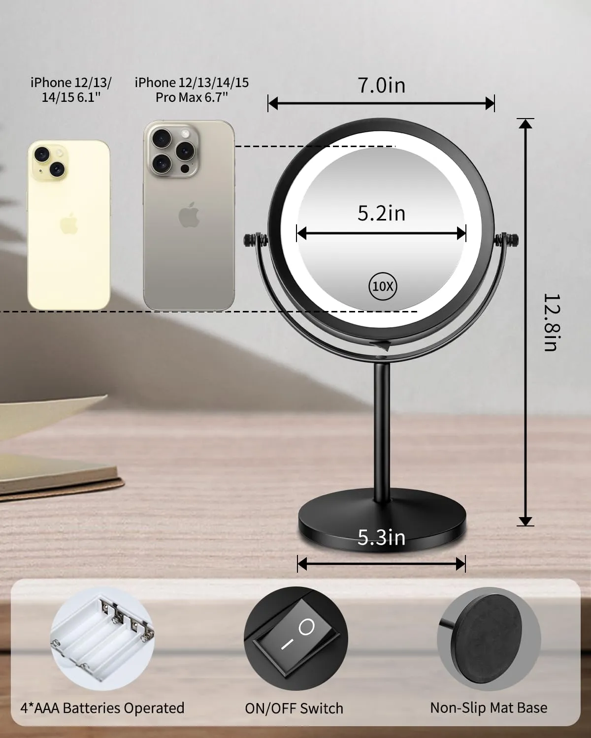Benbilry 10X Magnifying Lighted Makeup Mirror, 7 Inch Double Sided 1X/10X Magnification with Lights, 360° Rotation Swivel Travel Make Up Mirror with Lighting, Battery Operated Black