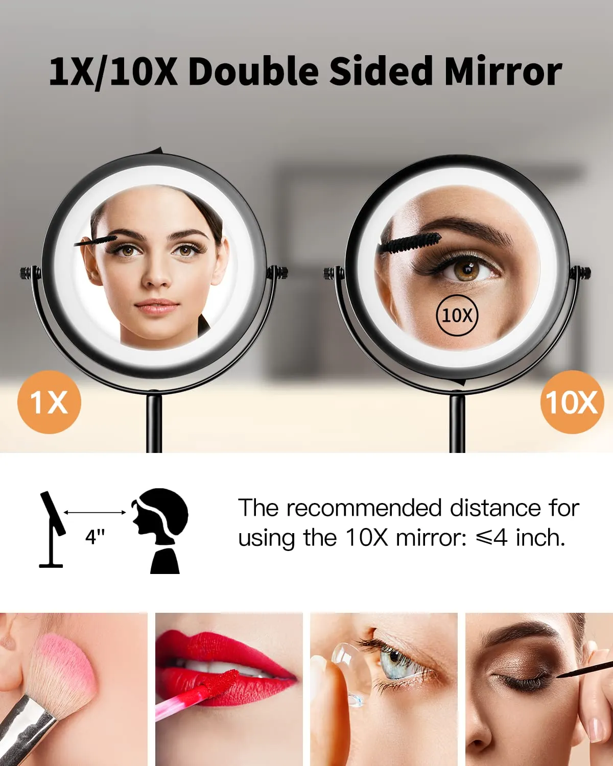 Benbilry 10X Magnifying Lighted Makeup Mirror, 7 Inch Double Sided 1X/10X Magnification with Lights, 360° Rotation Swivel Travel Make Up Mirror with Lighting, Battery Operated Black