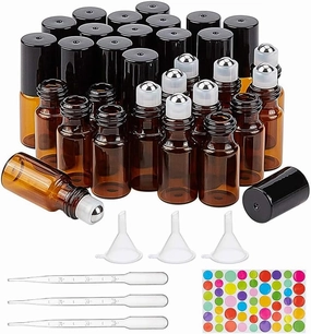 BENECREAT 30 Packs 3ml Mini Amber Brown Glass Roller Bottle with Black Cap Essential Oil Roll on Bottle with Opener, Hoppers, Droppers and Labels for Perfume Aromatherapy Fragrance