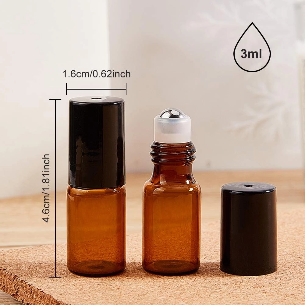 BENECREAT 30 Packs 3ml Mini Amber Brown Glass Roller Bottle with Black Cap Essential Oil Roll on Bottle with Opener, Hoppers, Droppers and Labels for Perfume Aromatherapy Fragrance