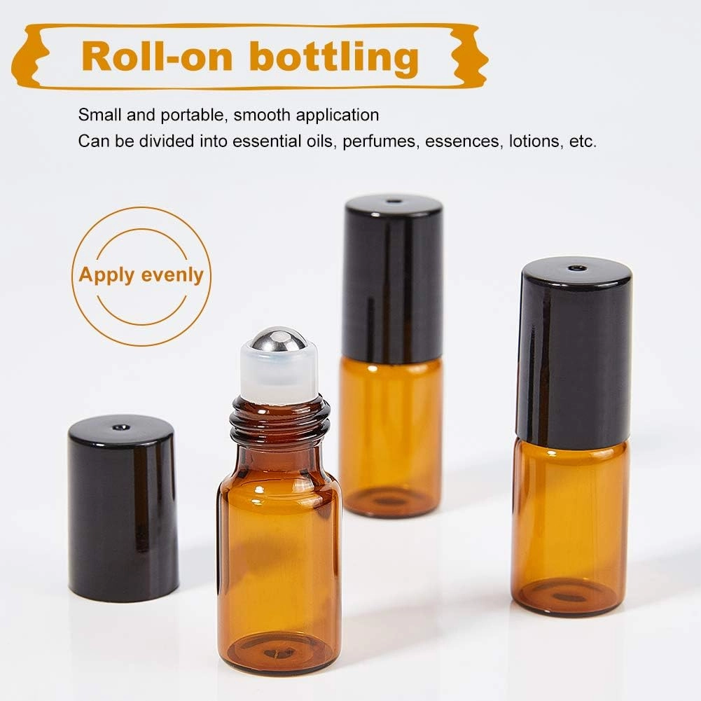 BENECREAT 30 Packs 3ml Mini Amber Brown Glass Roller Bottle with Black Cap Essential Oil Roll on Bottle with Opener, Hoppers, Droppers and Labels for Perfume Aromatherapy Fragrance