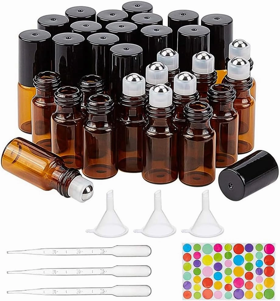 BENECREAT 30 Packs 3ml Mini Amber Brown Glass Roller Bottle with Black Cap Essential Oil Roll on Bottle with Opener, Hoppers, Droppers and Labels for Perfume Aromatherapy Fragrance
