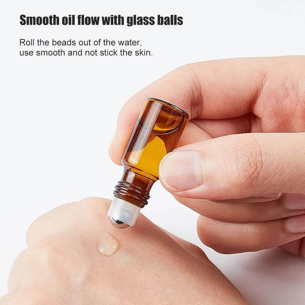 BENECREAT 30 Packs 3ml Mini Amber Brown Glass Roller Bottle with Black Cap Essential Oil Roll on Bottle with Opener, Hoppers, Droppers and Labels for Perfume Aromatherapy Fragrance