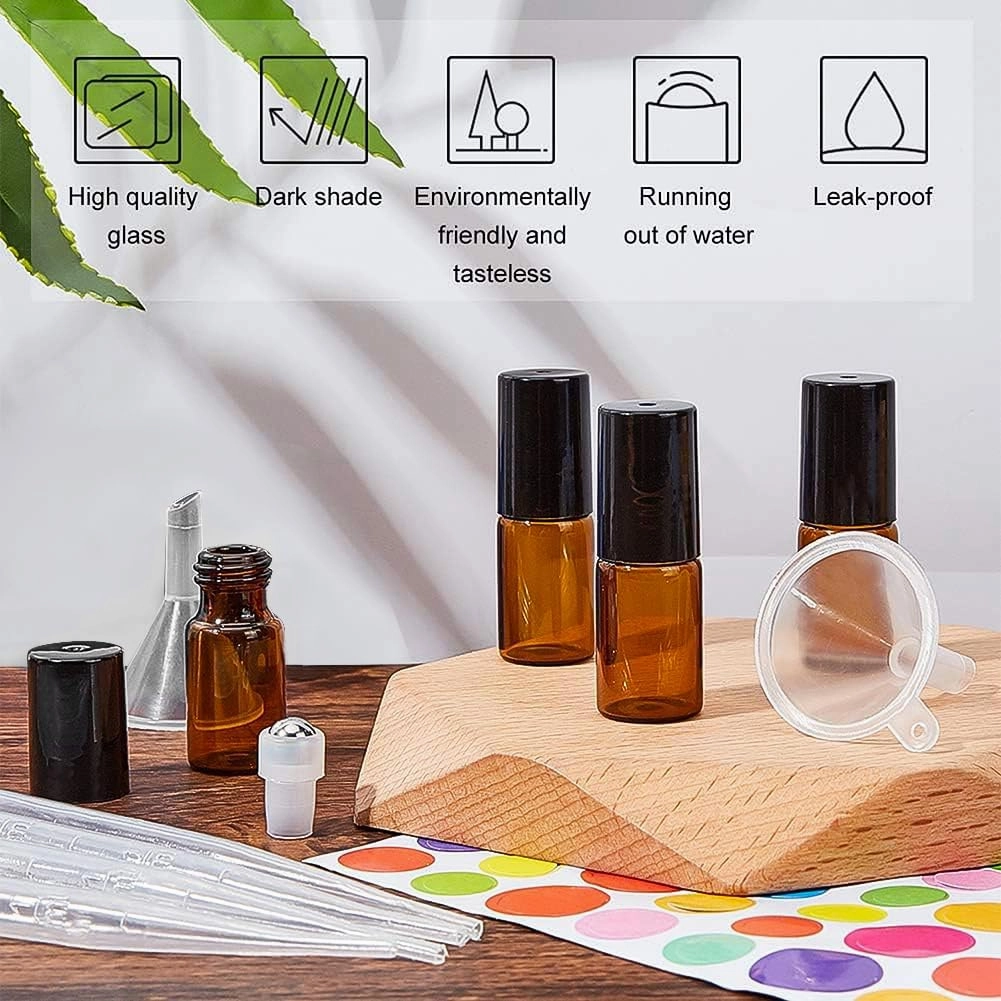 BENECREAT 30 Packs 3ml Mini Amber Brown Glass Roller Bottle with Black Cap Essential Oil Roll on Bottle with Opener, Hoppers, Droppers and Labels for Perfume Aromatherapy Fragrance