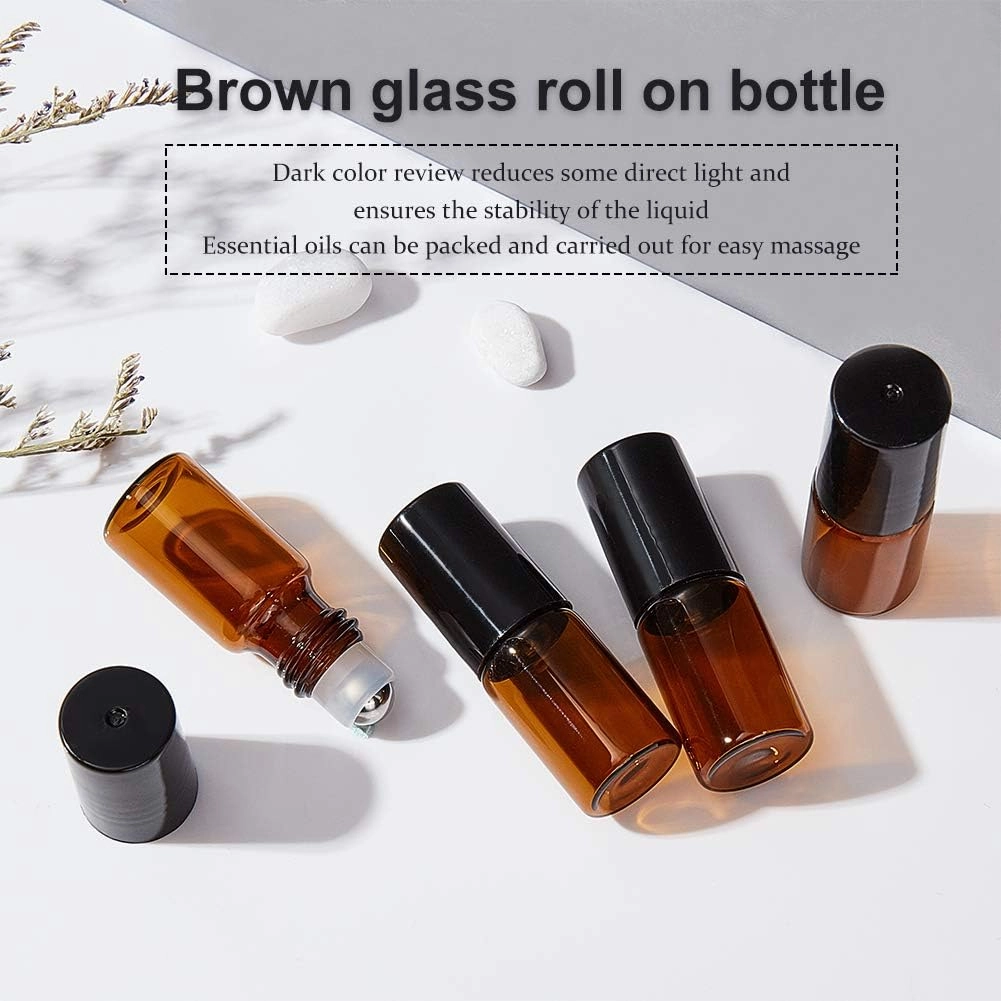 BENECREAT 30 Packs 3ml Mini Amber Brown Glass Roller Bottle with Black Cap Essential Oil Roll on Bottle with Opener, Hoppers, Droppers and Labels for Perfume Aromatherapy Fragrance