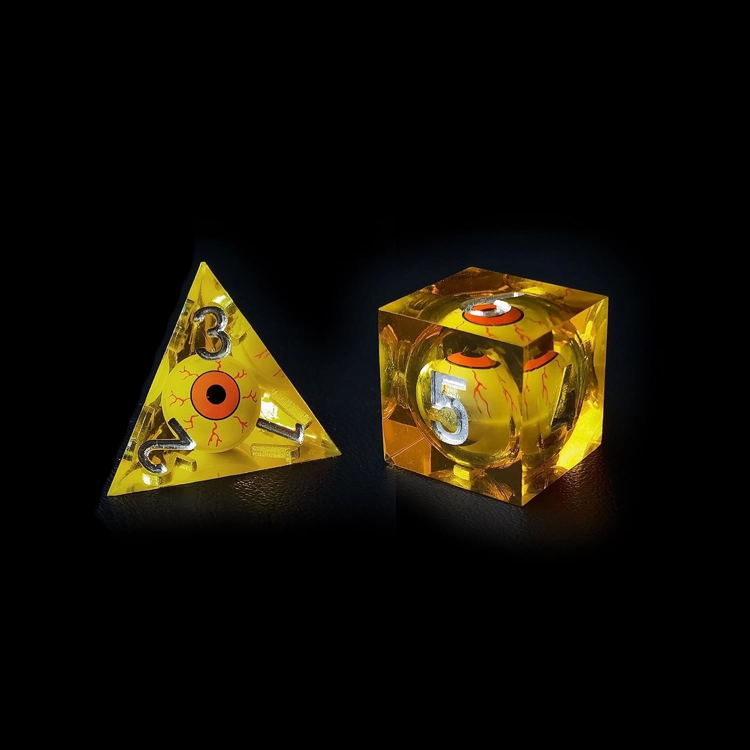 BESCON Sharp Edged Liquid Core Rolling Eyeball Polyhedral Dice Set - Razor Edge Polyhedral Dice with Rolling Eyeball Inside (7pcs Amber RPG Dice Set with Orange Eye)