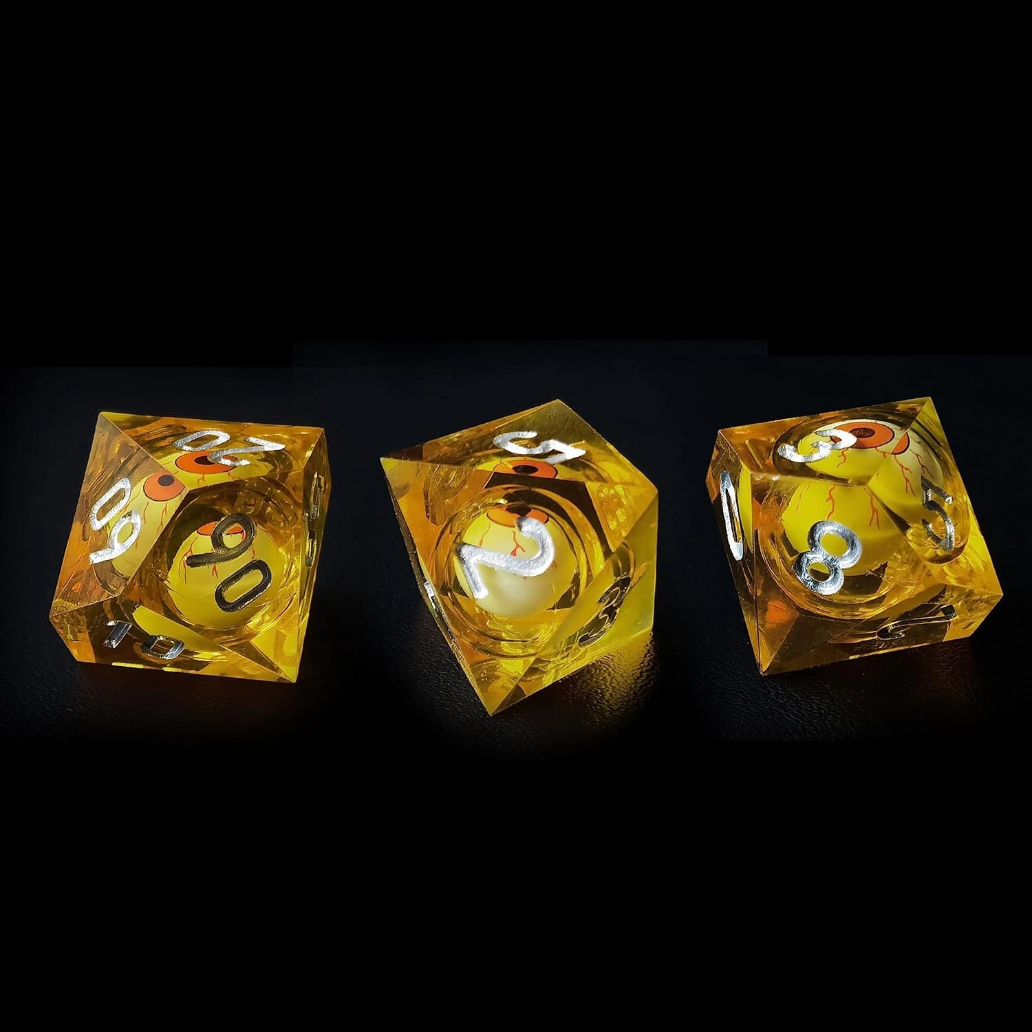 BESCON Sharp Edged Liquid Core Rolling Eyeball Polyhedral Dice Set - Razor Edge Polyhedral Dice with Rolling Eyeball Inside (7pcs Amber RPG Dice Set with Orange Eye)