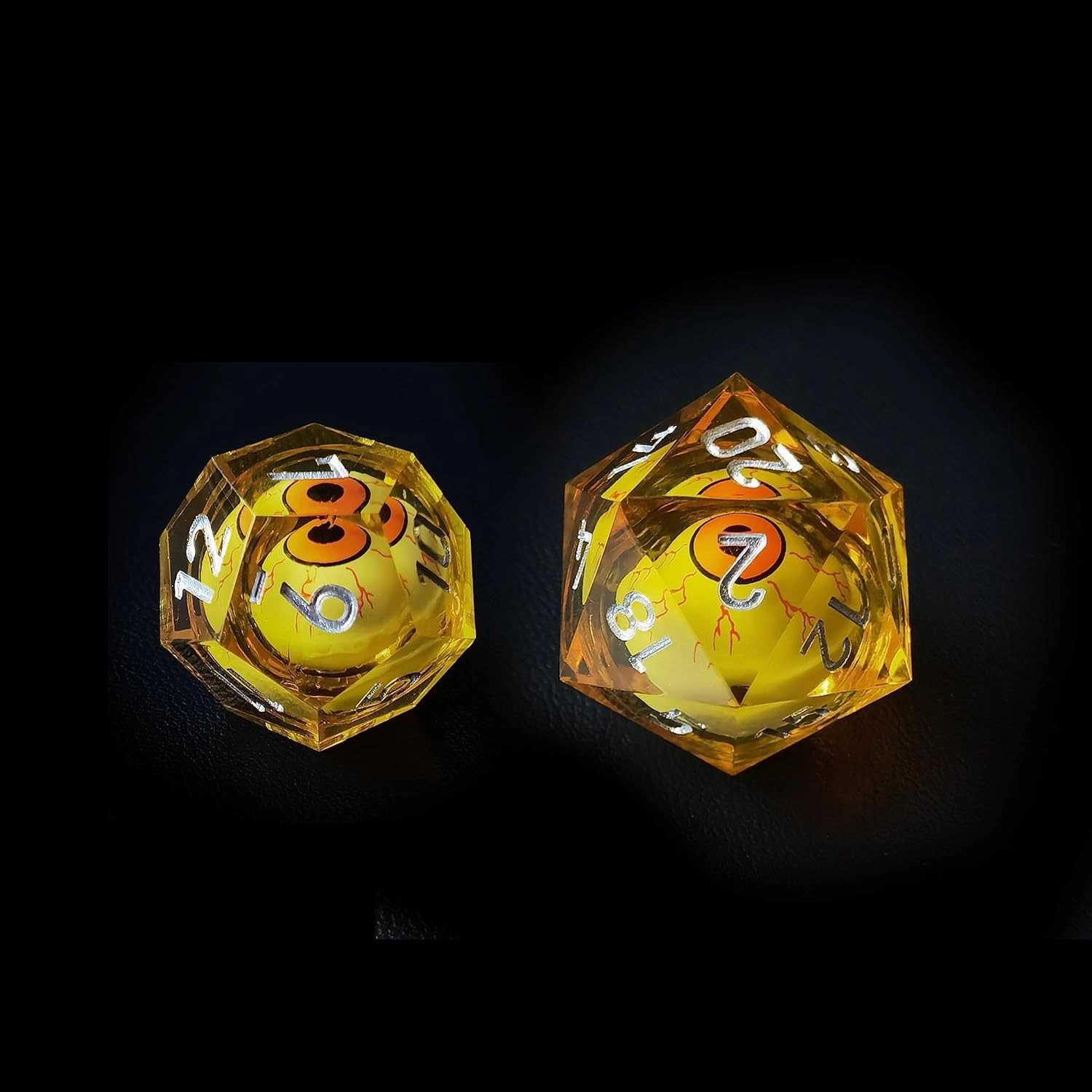 BESCON Sharp Edged Liquid Core Rolling Eyeball Polyhedral Dice Set - Razor Edge Polyhedral Dice with Rolling Eyeball Inside (7pcs Amber RPG Dice Set with Orange Eye)