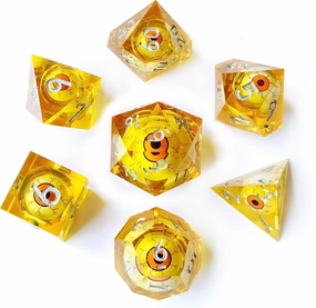 BESCON Sharp Edged Liquid Core Rolling Eyeball Polyhedral Dice Set - Razor Edge Polyhedral Dice with Rolling Eyeball Inside (7pcs Amber RPG Dice Set with Orange Eye)