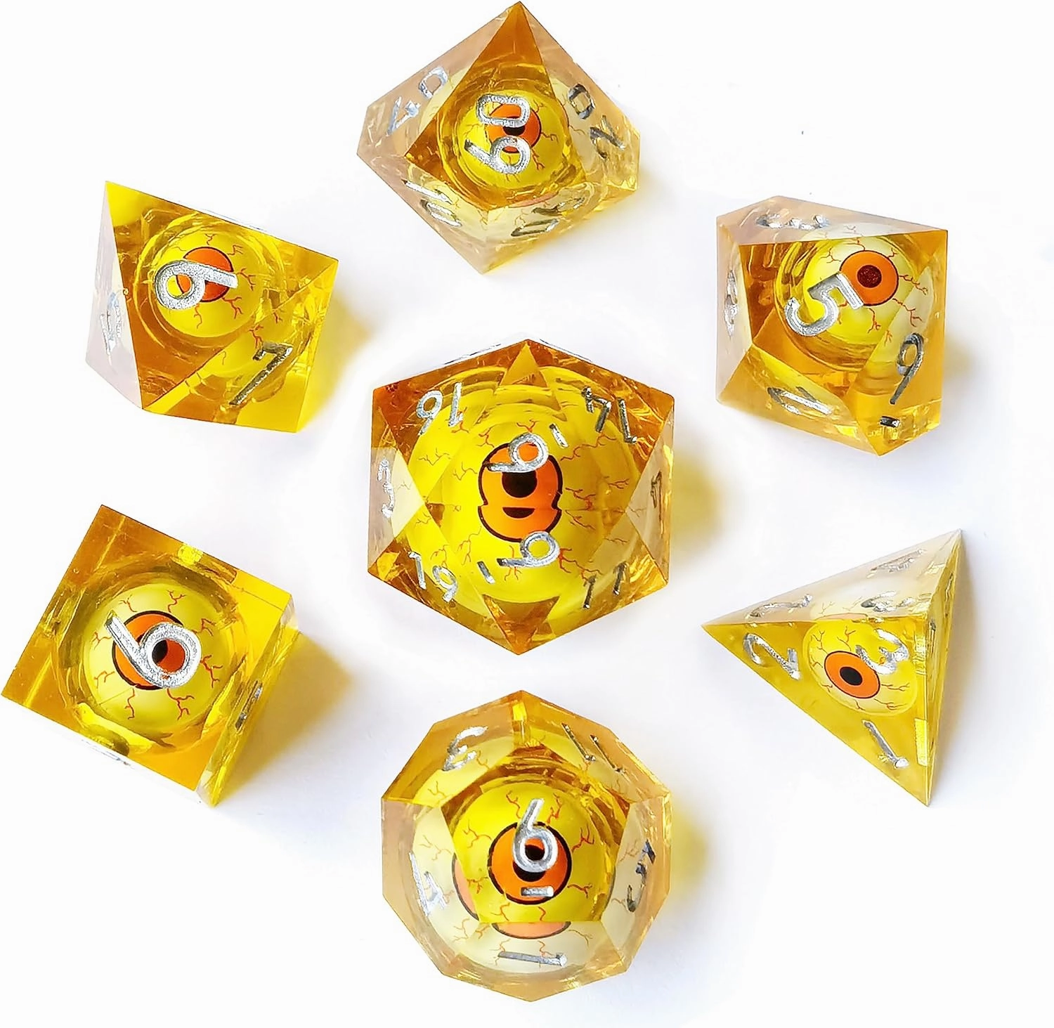 BESCON Sharp Edged Liquid Core Rolling Eyeball Polyhedral Dice Set - Razor Edge Polyhedral Dice with Rolling Eyeball Inside (7pcs Amber RPG Dice Set with Orange Eye)