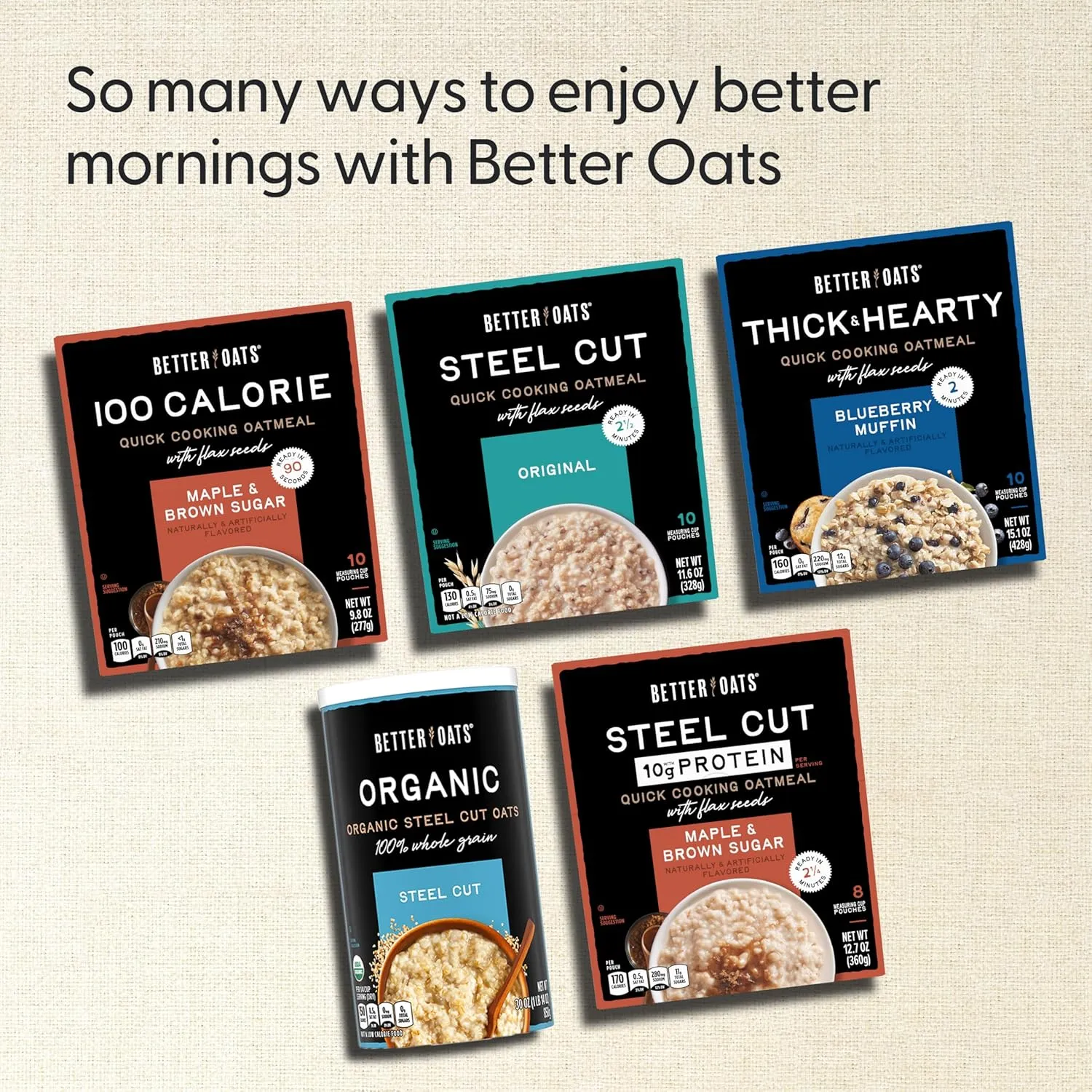 Better Oats Steel Cut Protein Maple and Brown Sugar Oatmeal with Flax Seeds, Quick-Cooking, Box of 8 Pouches (Pack of 6)