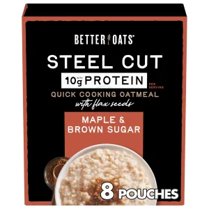 Better Oats Steel Cut Protein Maple and Brown Sugar Oatmeal with Flax Seeds, Quick-Cooking, Box of 8 Pouches (Pack of 6)