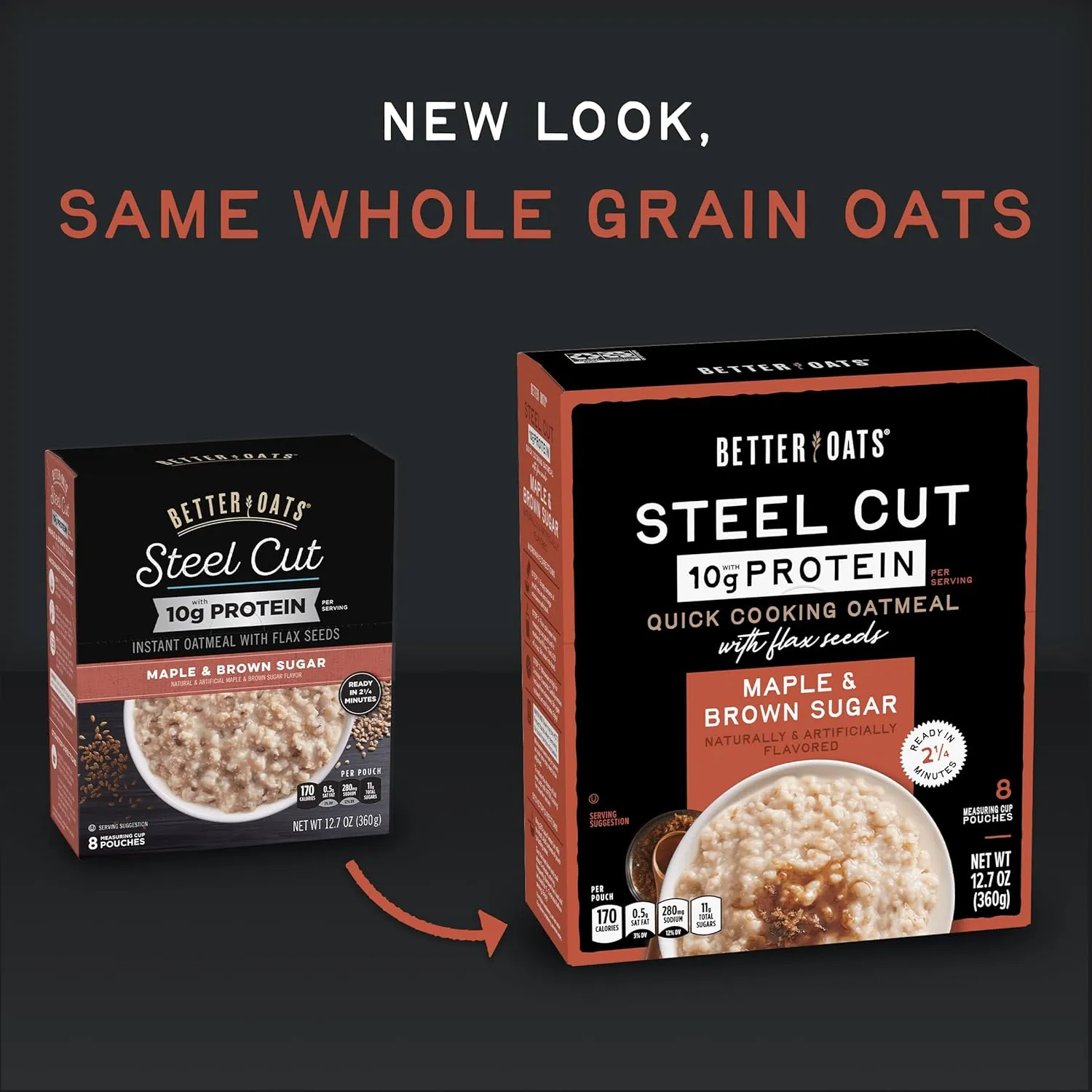 Better Oats Steel Cut Protein Maple and Brown Sugar Oatmeal with Flax Seeds, Quick-Cooking, Box of 8 Pouches (Pack of 6)
