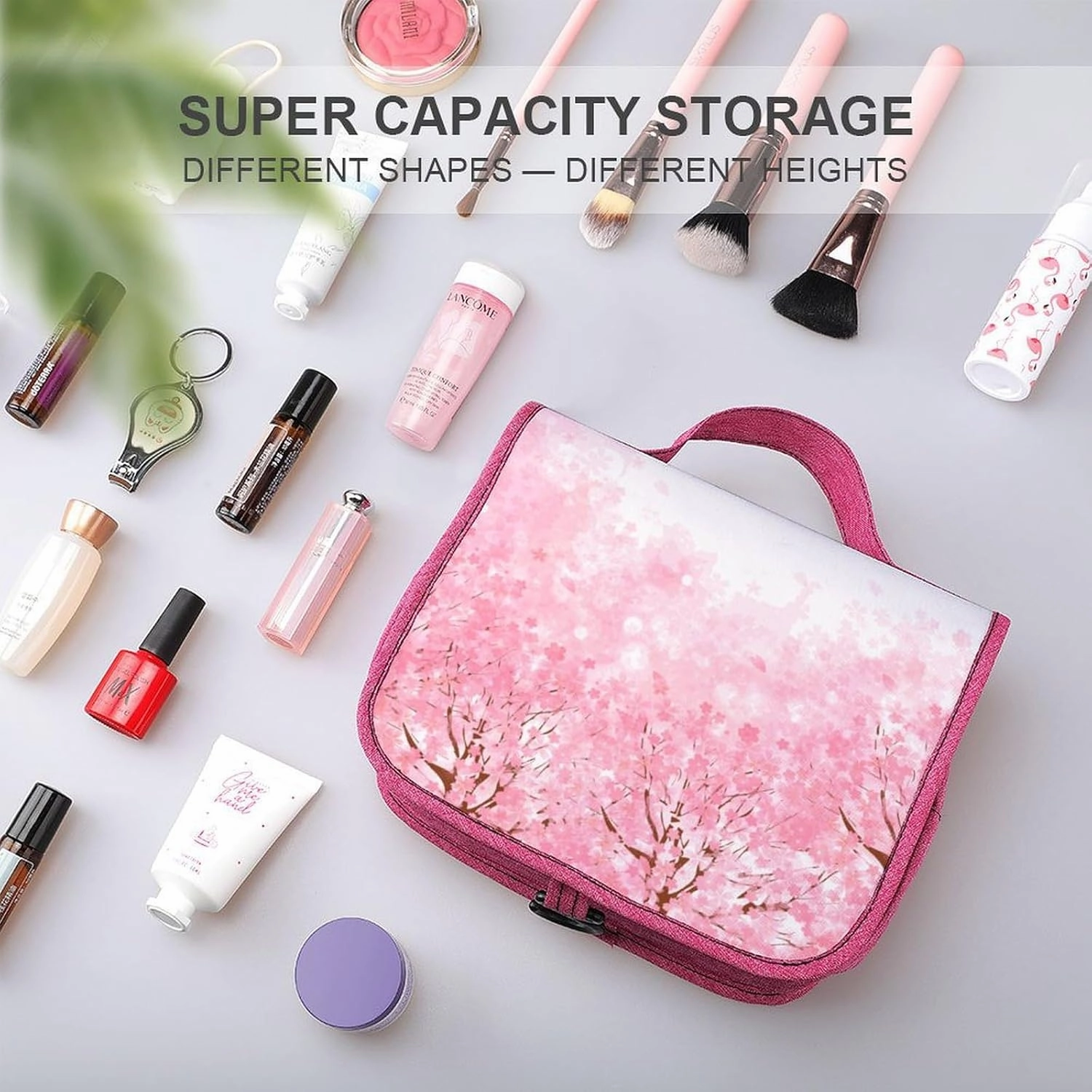 Birds,Makeup Bag Cosmetic Travel Bag with Hanging Hook,Birds Sitting on Wires,Water-resistant Make Up Bag Organizer for Accessories,Brushes,Sponge,Full-size Container,Toiletries,Brown