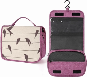 Birds,Makeup Bag Cosmetic Travel Bag with Hanging Hook,Birds Sitting on Wires,Water-resistant Make Up Bag Organizer for Accessories,Brushes,Sponge,Full-size Container,Toiletries,Brown