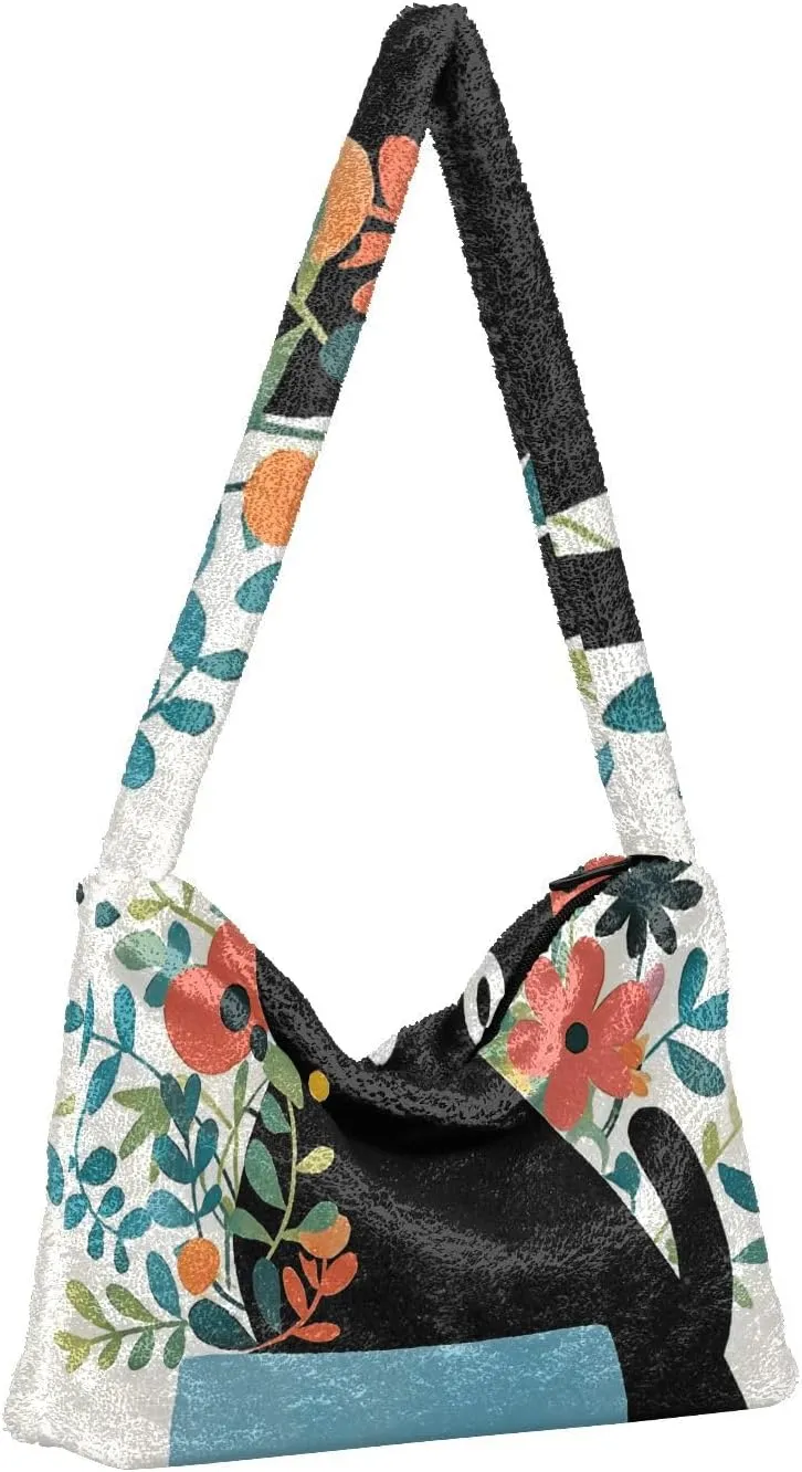 Black Dog on Retro Red Shoulder Tote Bag, Handbag with Zipper, Womens Outdoor Bag
