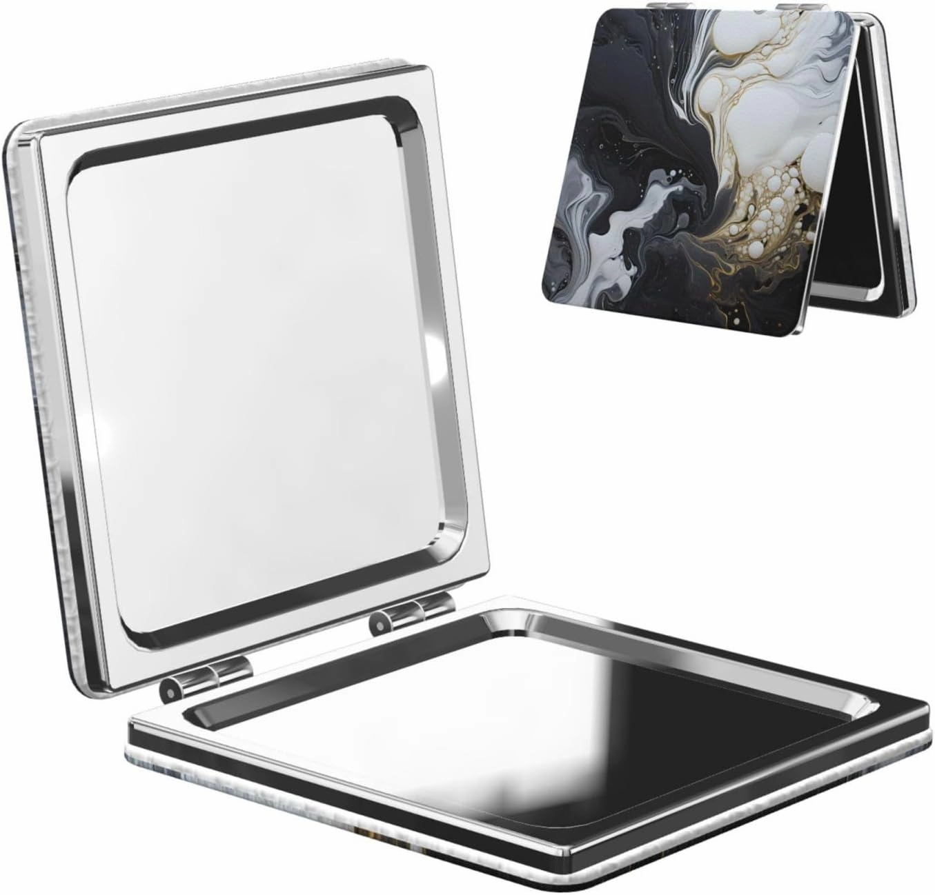 Black and White marbling Makeup Mirror Portable Folding Mini Mirror Double Sided Travel Makeup Mirror Square Handheld Pocket Mirror