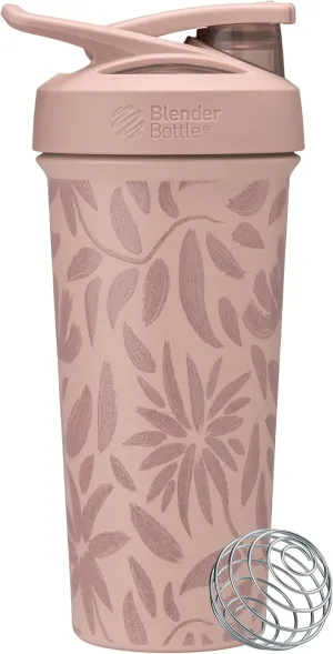 BlenderBottle Strada Flip Shaker Cup Insulated Stainless Steel Water Bottle with Wire Whisk, 25-Ounce, Brown Flowers
