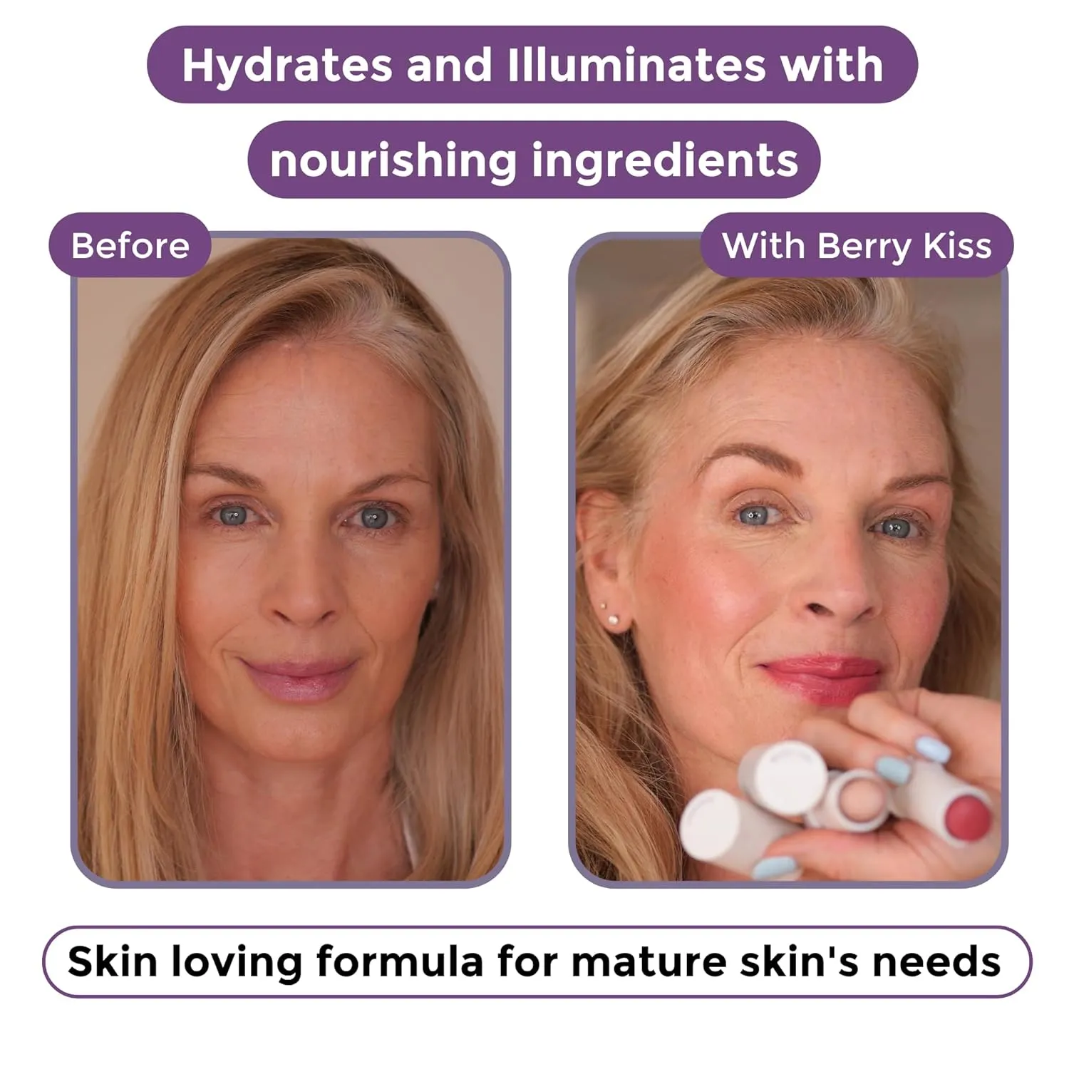BloomBlush  Multipurpose Color Stick For Older Women - Blush, Lipstick & Contour in 1- Radiant, Healthy Glow & Nourishing Formula - For Sensitive Skin (Berry Kiss, Regular)