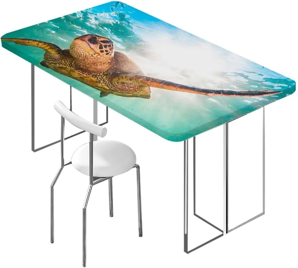 Blue Brown Elastic Tablecloth for Indoors Outdoors Nature Animal Swimming Theme Table Cloth for Indoor Outdoor Picnic Parties Diving Sea Turtle Fits up 4 Foot Tables
