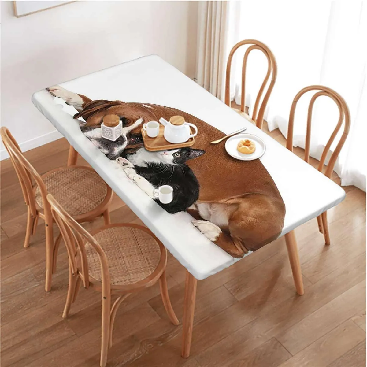 Brown Black White Elastic Tablecloth for Indoors Outdoors Funny Dog Dog Relaxing Polyester Fitted Waterproof Outdoor Tablecloth Protector with Elastic Dog Lover Fits up 4 Foot Tables