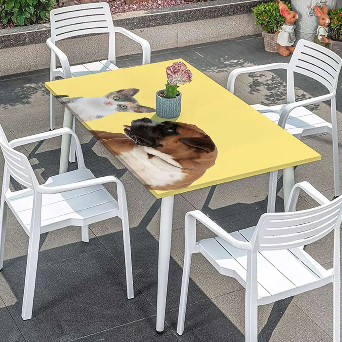Brown Black White Fitted Tablecloth Cover, Funny Dog Dog Relaxing Elastic Edged Table Cover for Farm Kitchen Dining Picnic Coffee Patio Decor Dog Lover Fits up 4 Foot Tables
