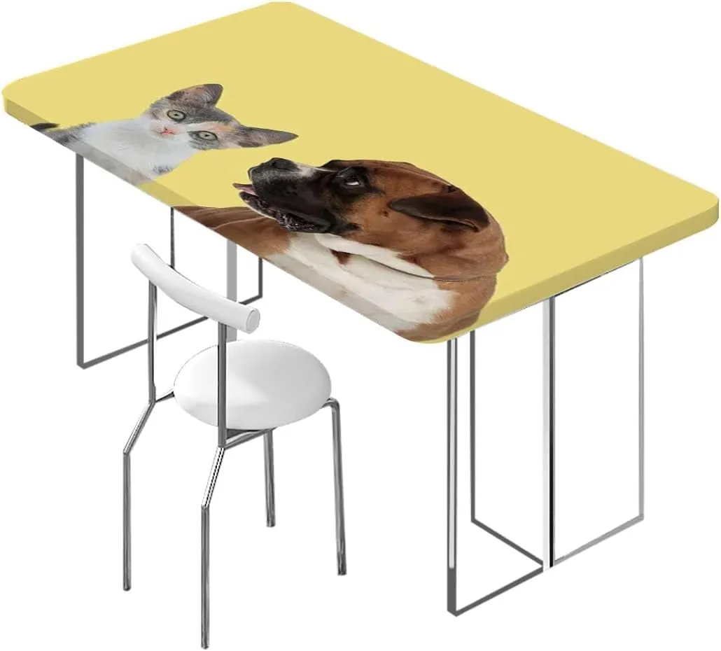 Brown Black White Fitted Tablecloth Cover, Funny Dog Dog Relaxing Elastic Edged Table Cover for Farm Kitchen Dining Picnic Coffee Patio Decor Dog Lover Fits up 4 Foot Tables