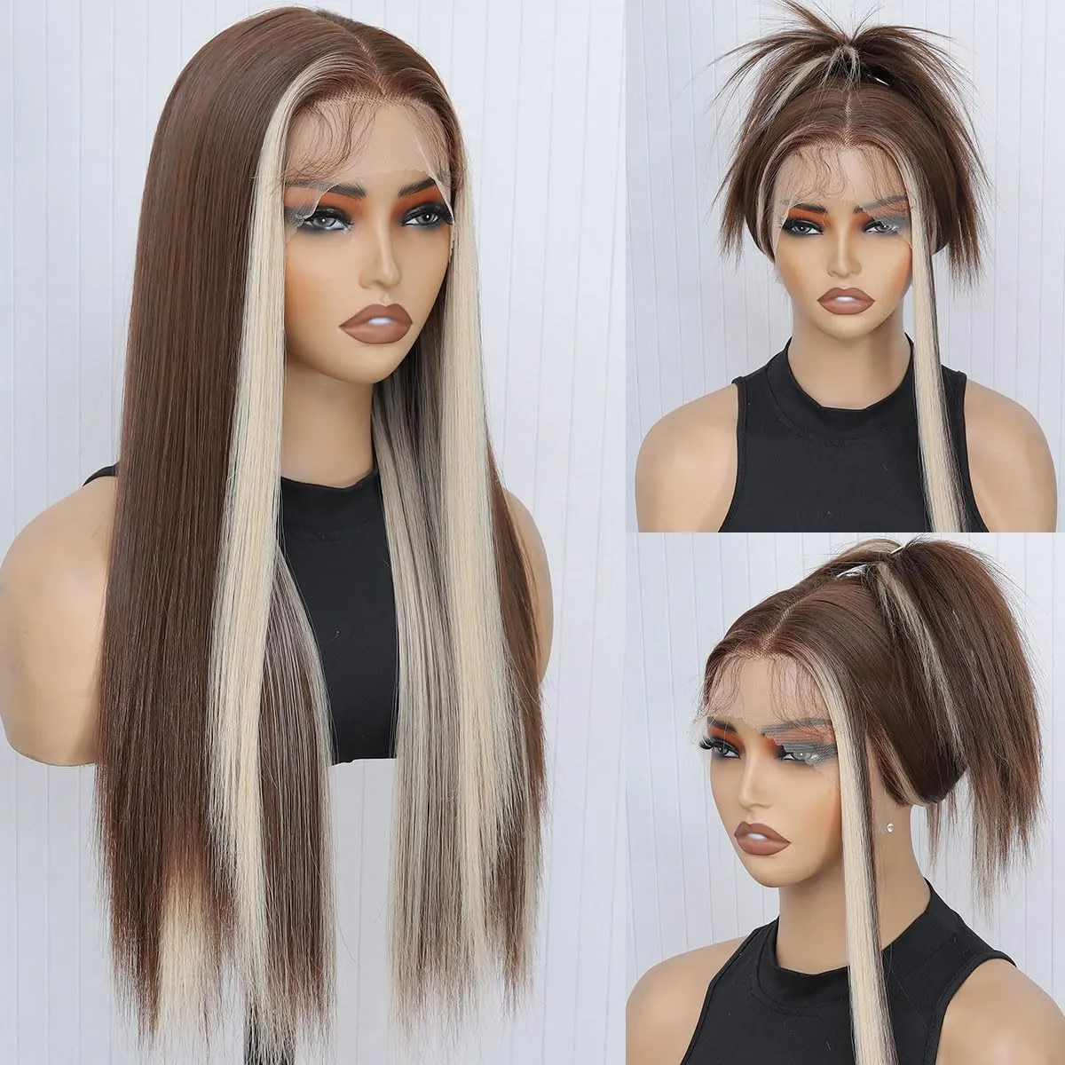 Brown Blonde Lace Front Wig Highlight Synthetic Lace Wigs Pre Plucked HD Lace Wear And Go Glueless Brown Wigs 26inch Long Straight Blonde Highlight Wig