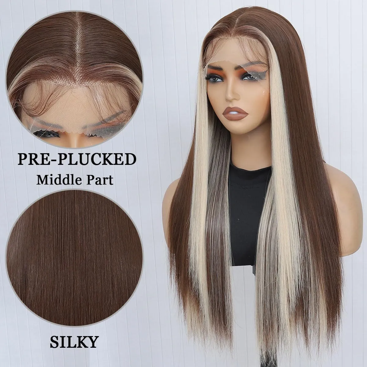 Brown Blonde Lace Front Wig Highlight Synthetic Lace Wigs Pre Plucked HD Lace Wear And Go Glueless Brown Wigs 26inch Long Straight Blonde Highlight Wig