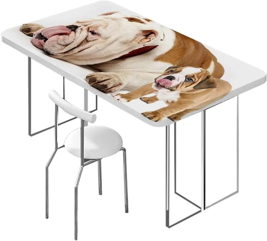 Brown Cream Fitted Tablecloth English Bulldog Sad Tired Waterproof Wipeable Table Covers for Indoor, Outdoor Dog Lover Decor Fits up 4 Foot Tables