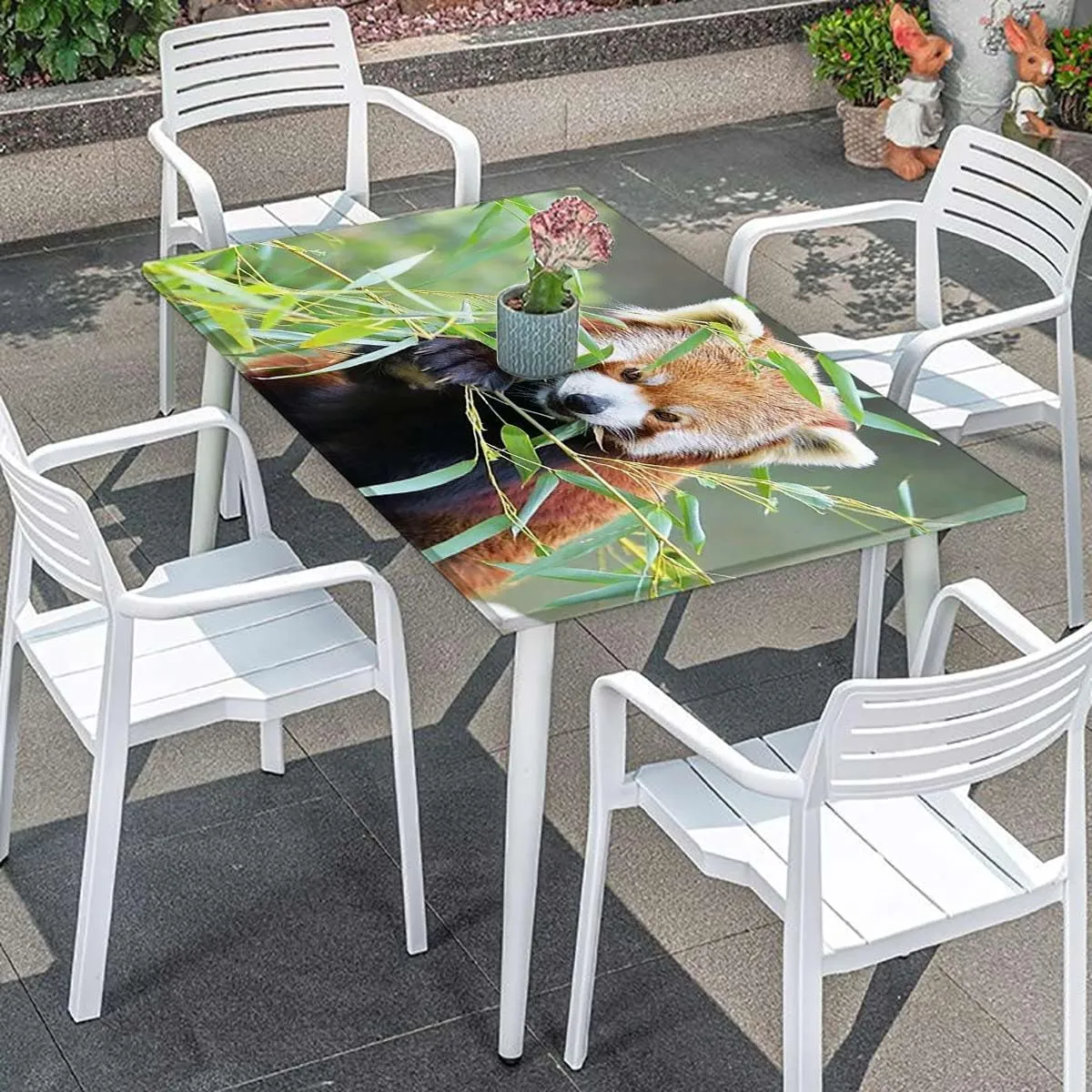 Brown Green Elastic Edge Fitted Table Cloth, Africa Panda Activity Eco Photo Waterproof Elastic Fitted Table Covers,Camping, Indoor, Outdoor Jungle Animals Fits up 5 Foot Tables