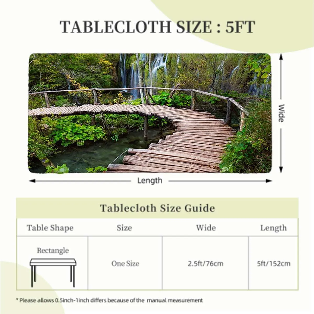 Brown Green Elastic Fitted Picnic Table Cover Pathway in Pond Over The Natural Organic Rectangle Table Cloth Reusable Table Cover for Picnic Dining Decoration Forest Fits up 5 Foot Tables