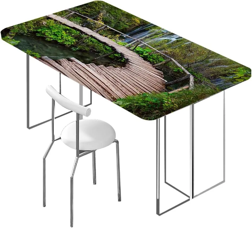 Brown Green Elastic Fitted Picnic Table Cover Pathway in Pond Over The Natural Organic Rectangle Table Cloth Reusable Table Cover for Picnic Dining Decoration Forest Fits up 5 Foot Tables