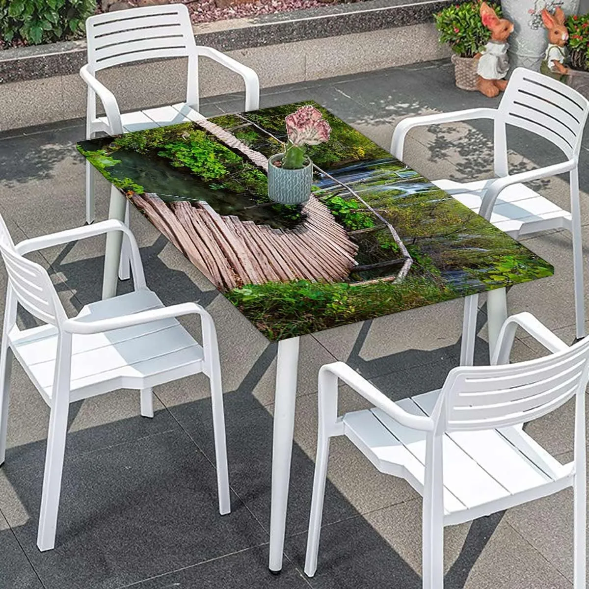 Brown Green Elastic Fitted Picnic Table Cover Pathway in Pond Over The Natural Organic Rectangle Table Cloth Reusable Table Cover for Picnic Dining Decoration Forest Fits up 5 Foot Tables
