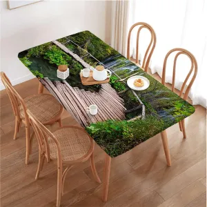 Brown Green Elastic Fitted Picnic Table Cover Pathway in Pond Over The Natural Organic Rectangle Table Cloth Reusable Table Cover for Picnic Dining Decoration Forest Fits up 5 Foot Tables