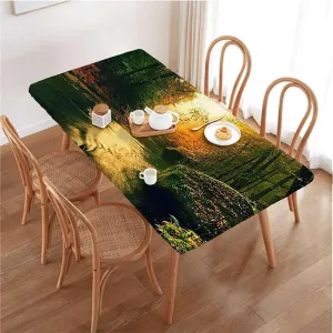 Brown Green Rectangle Tablecloth, River Foggy Autumn Forest View Polyester Fitted Waterproof Outdoor Tablecloth Apartment Fits up 5 Foot Tables