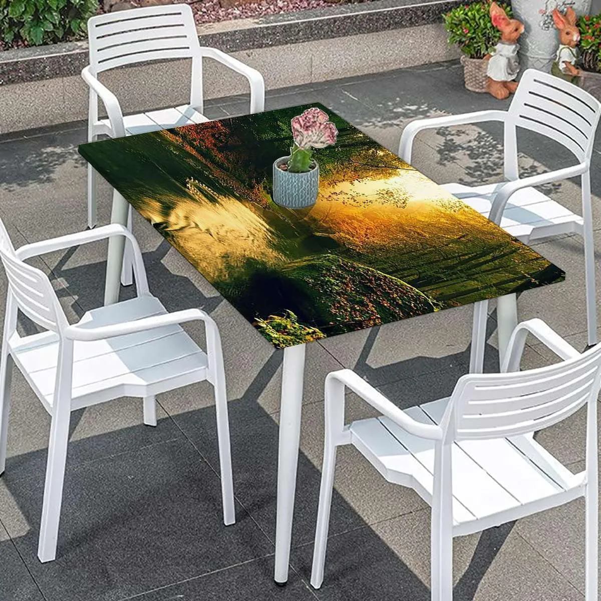 Brown Green Rectangle Tablecloth, River Foggy Autumn Forest View Polyester Fitted Waterproof Outdoor Tablecloth Apartment Fits up 5 Foot Tables