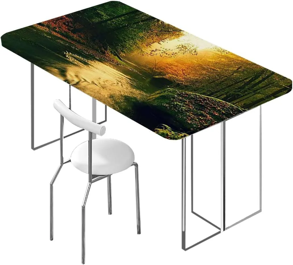 Brown Green Rectangle Tablecloth, River Foggy Autumn Forest View Polyester Fitted Waterproof Outdoor Tablecloth Apartment Fits up 5 Foot Tables