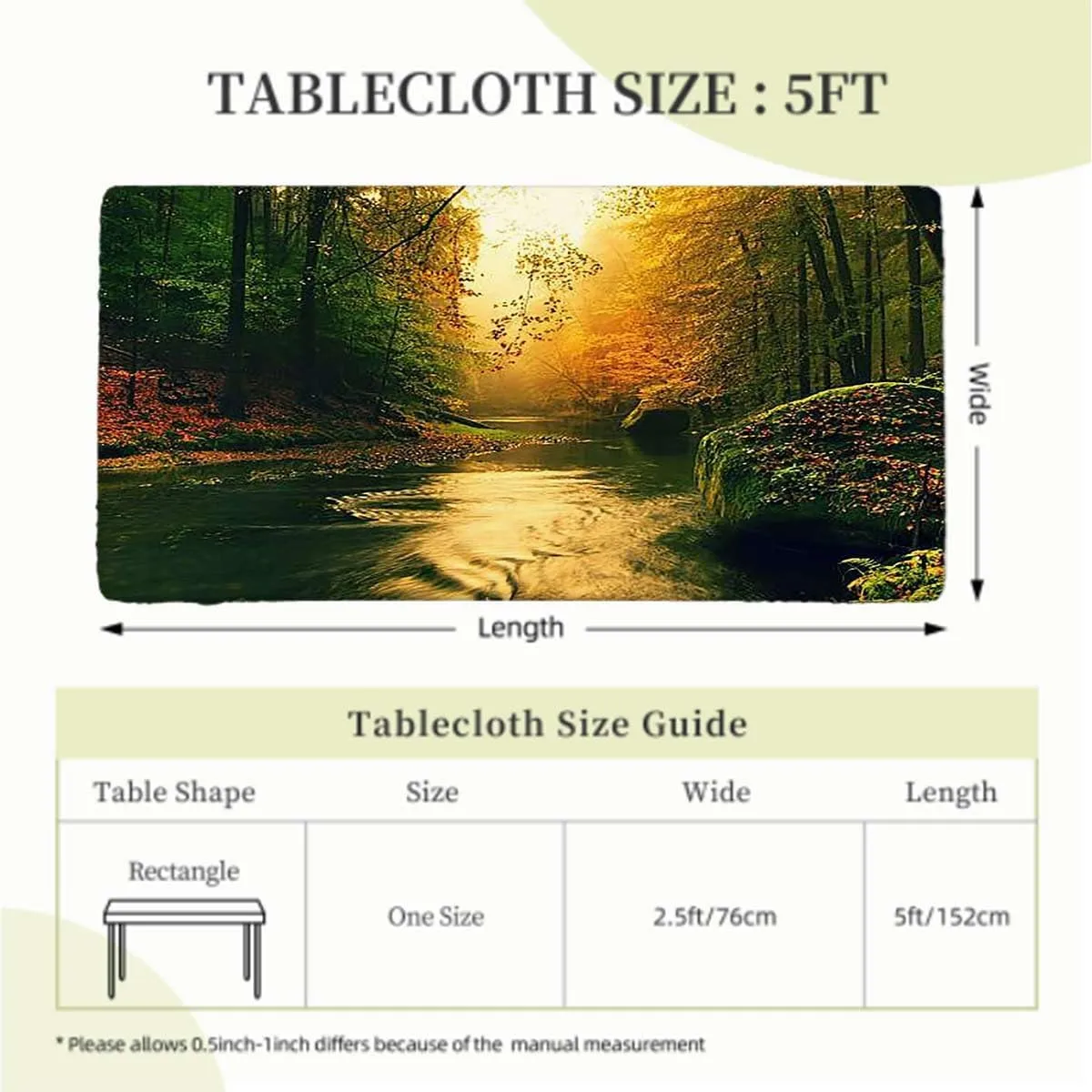 Brown Green Rectangle Tablecloth, River Foggy Autumn Forest View Polyester Fitted Waterproof Outdoor Tablecloth Apartment Fits up 5 Foot Tables