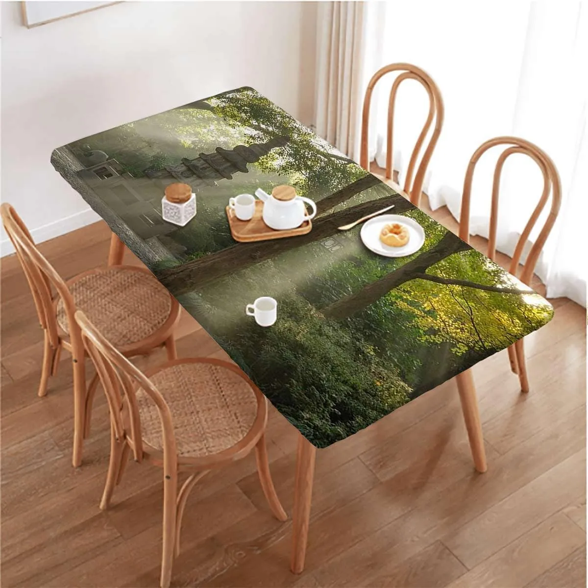 Brown Green Tablecloth Fitted Rectangle Trees in Forest Natural Garden Protector with Elastic for Rectangle Picnic Tables, Washable Natural Forest Fits up 4 Foot Tables