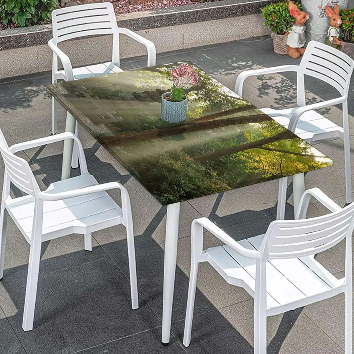 Brown Green Tablecloth Fitted Rectangle Trees in Forest Natural Garden Protector with Elastic for Rectangle Picnic Tables, Washable Natural Forest Fits up 4 Foot Tables