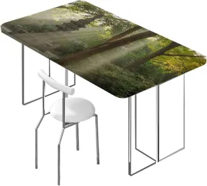 Brown Green Tablecloth Fitted Rectangle Trees in Forest Natural Garden Protector with Elastic for Rectangle Picnic Tables, Washable Natural Forest Fits up 4 Foot Tables