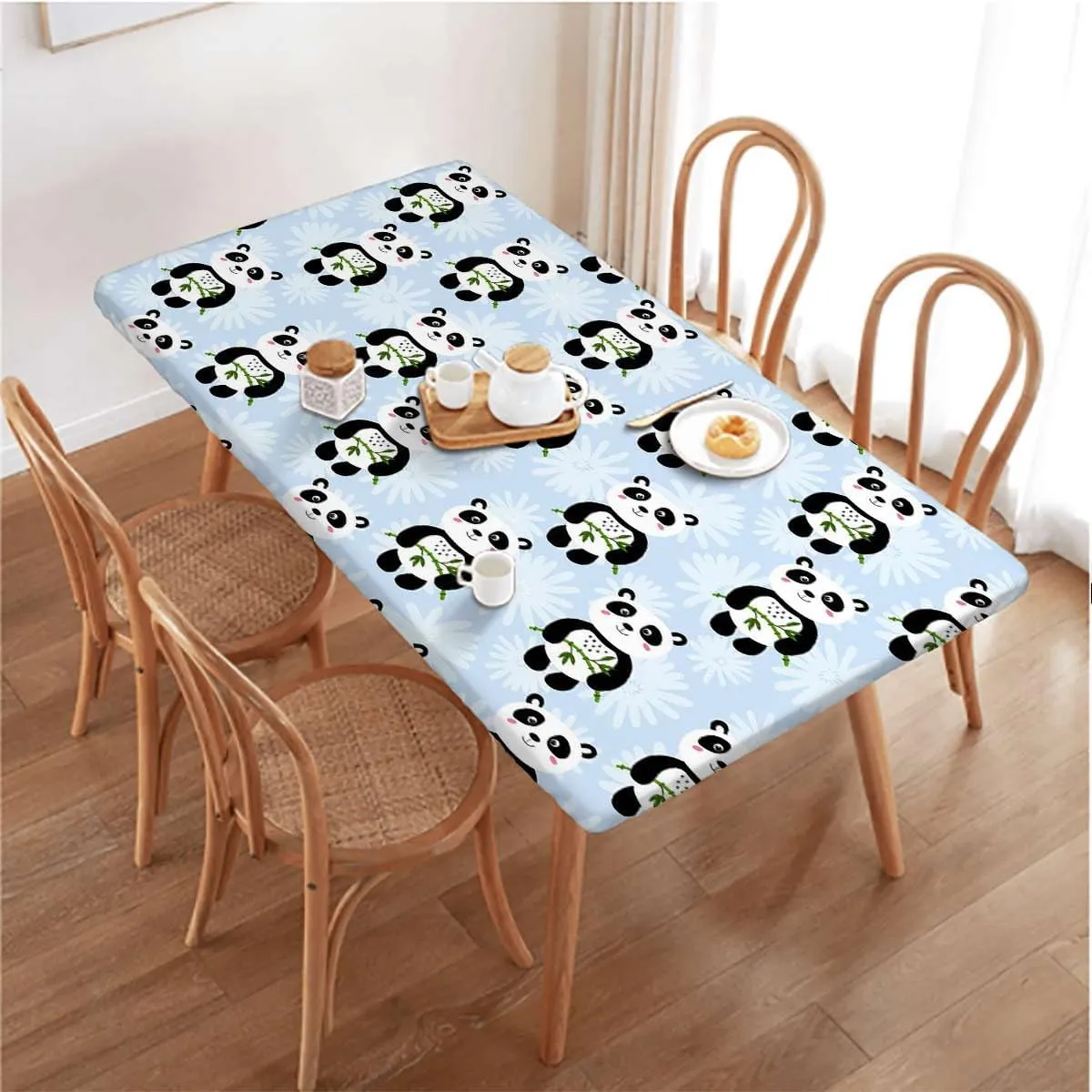 Brown Grey Elastic Fitted Picnic Table Cover Panda and Big Black Eyes Soft-Touch Fitted Table Cloth, Waterproof Oil-Proof Table Cover Animal Fits up 4 Foot Tables