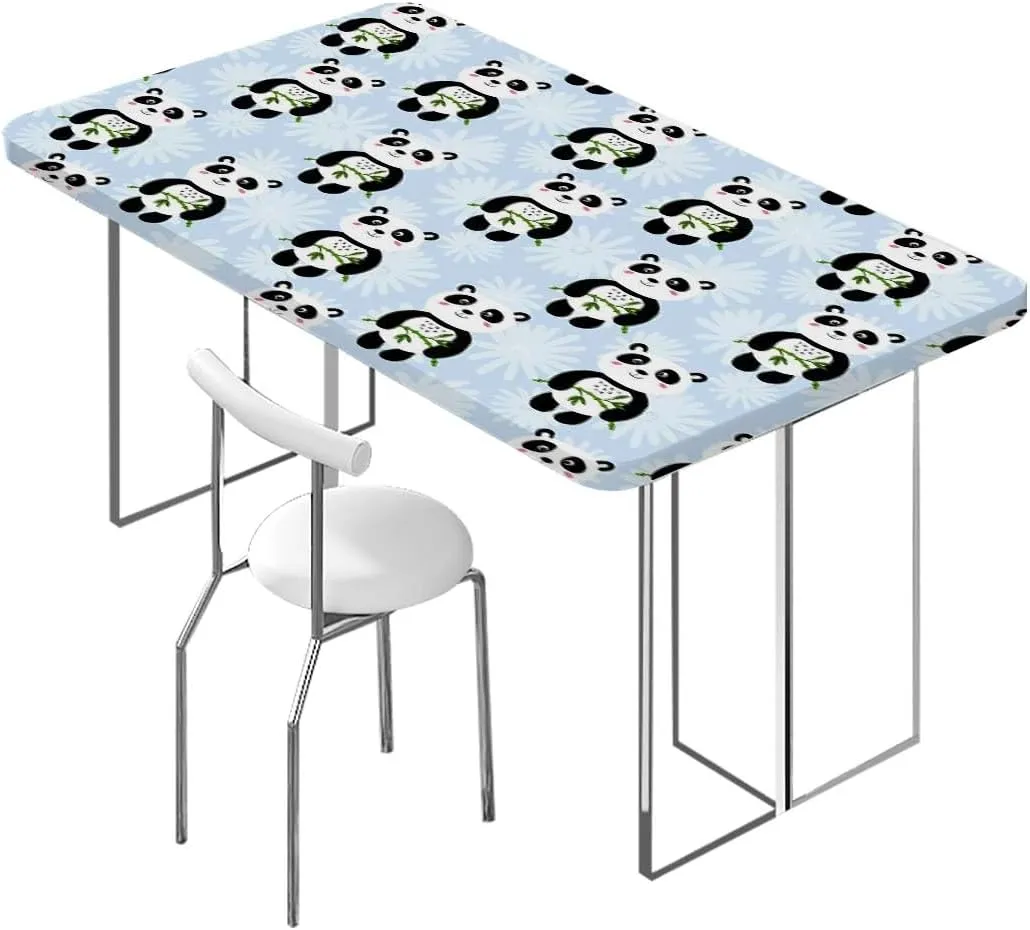 Brown Grey Elastic Fitted Tablecloth Panda and Big Black Eyes Table ​Cover ​for Kitchen Dining Party Picnic Animal Fits up 5 Foot Tables