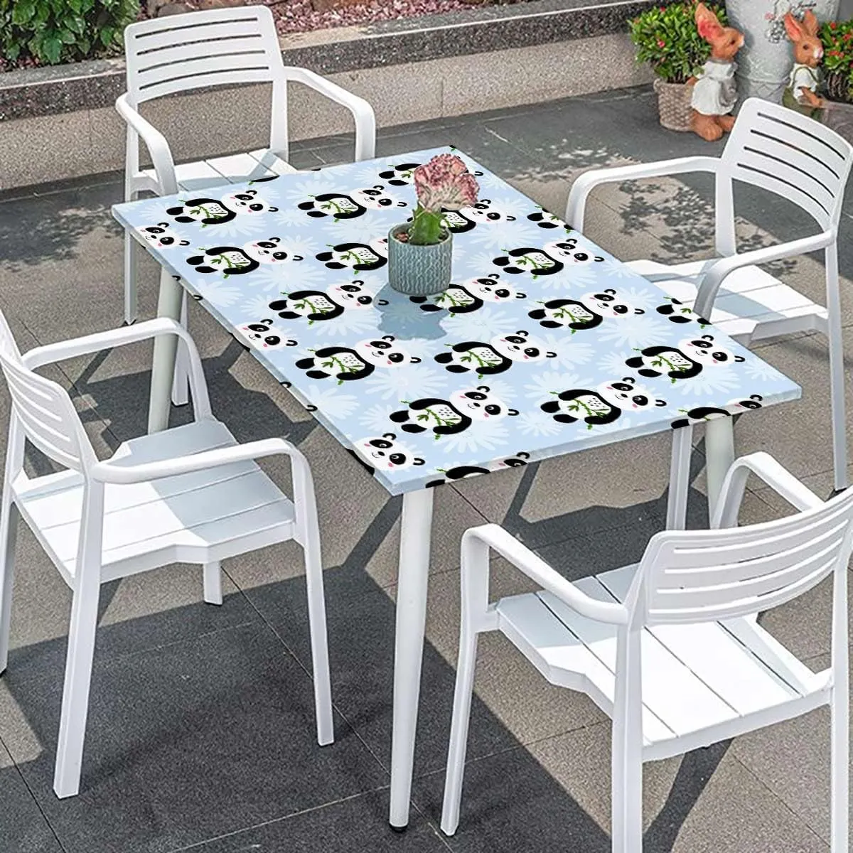Brown Grey Elastic Fitted Tablecloth Panda and Big Black Eyes Table ​Cover ​for Kitchen Dining Party Picnic Animal Fits up 5 Foot Tables