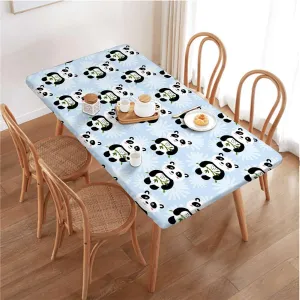Brown Grey Elastic Fitted Tablecloth Panda and Big Black Eyes Table ​Cover ​for Kitchen Dining Party Picnic Animal Fits up 5 Foot Tables