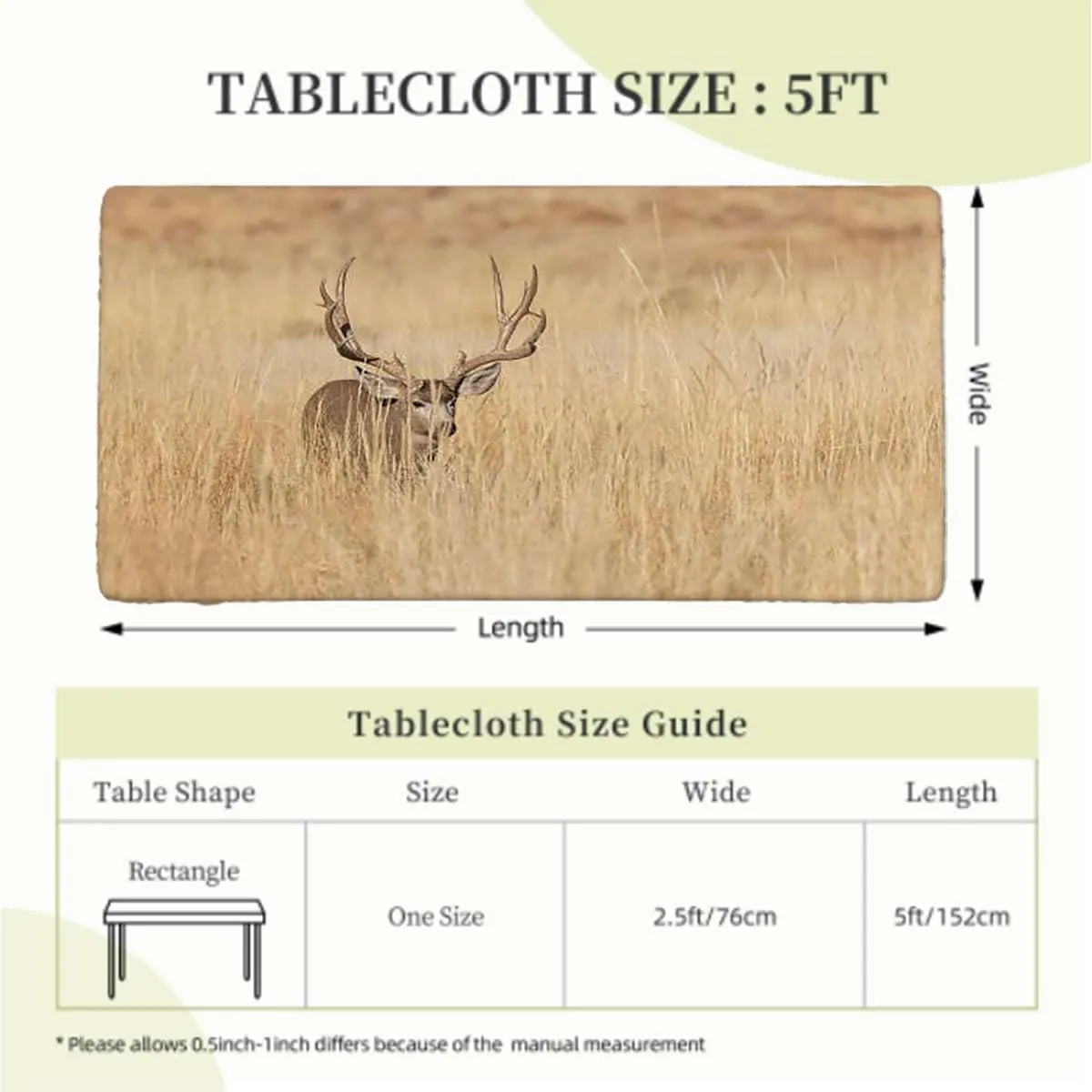 Brown Sand Brown Elastic Fitted Picnic Table Cover Stag Countryside Rural Hunting Theme Soft-Touch Fitted Table Cloth, Waterproof Oil-Proof Table Cover Antler Fits up 5 Foot Tables
